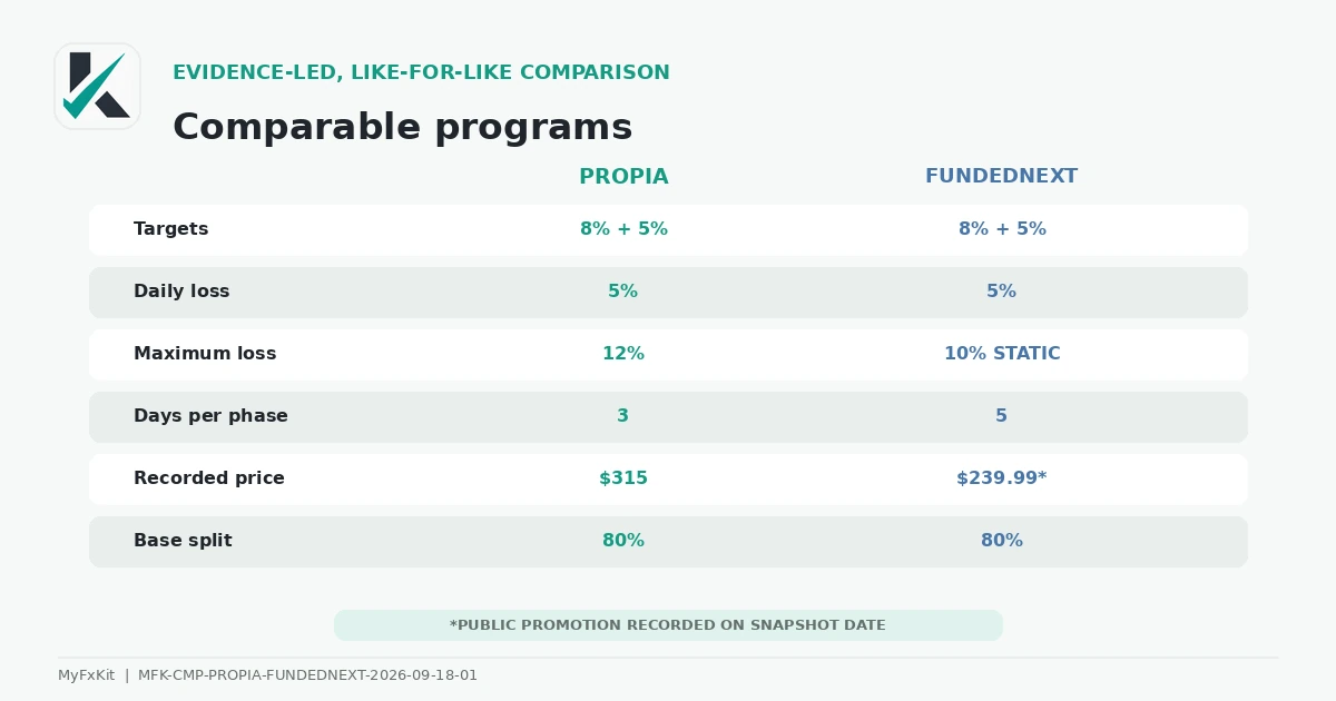 Comparable PropiaFunds and FundedNext programs