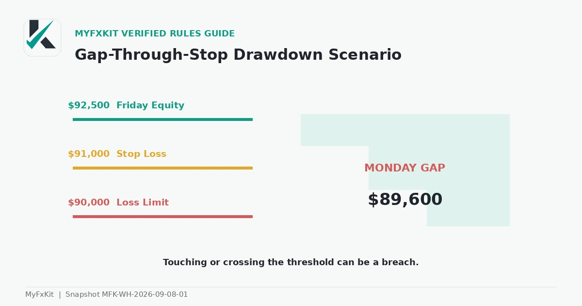 Weekend gap-through-stop drawdown scenario